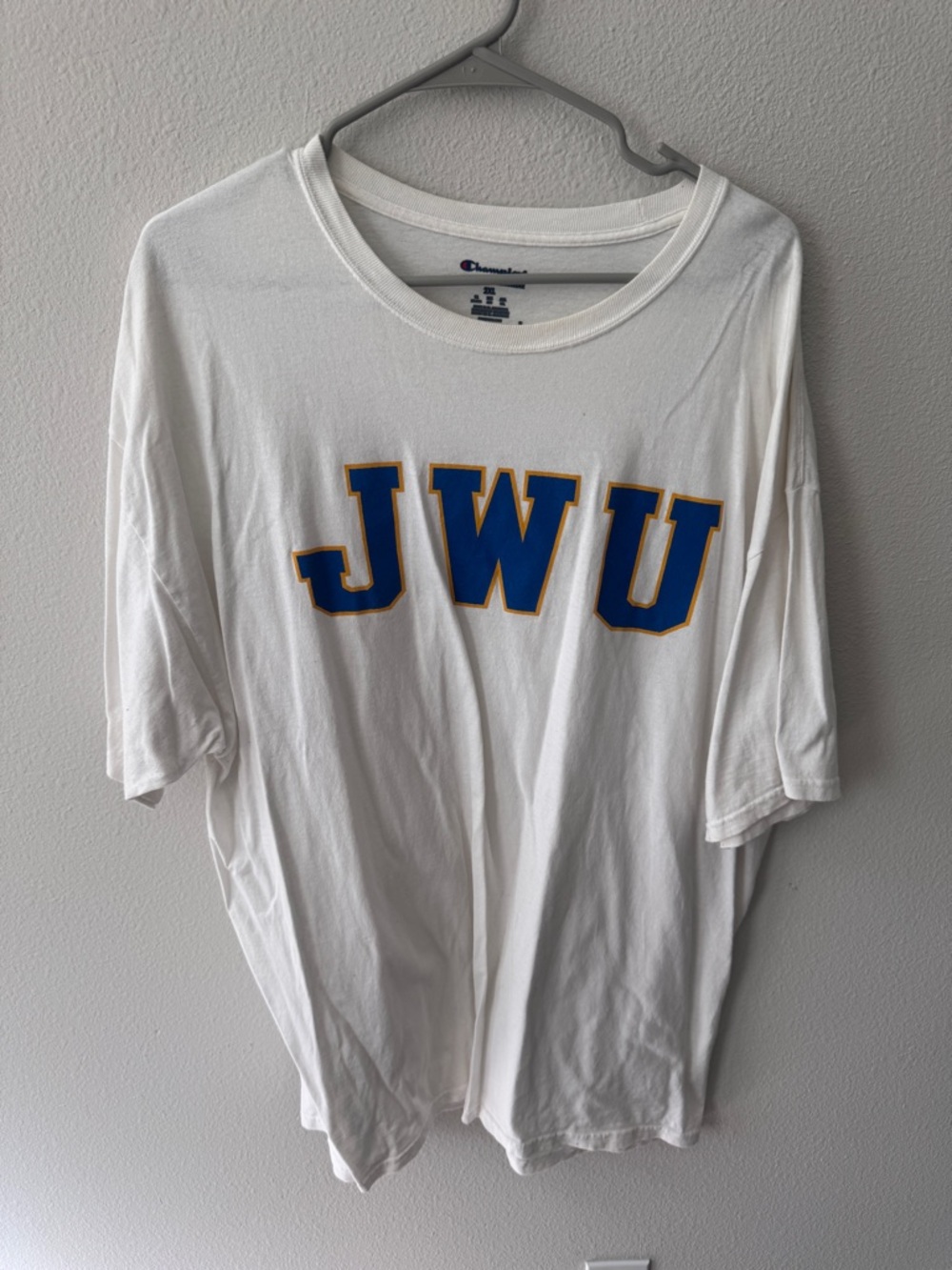 Champion White Tee with Blue and Gold JWU Letters
